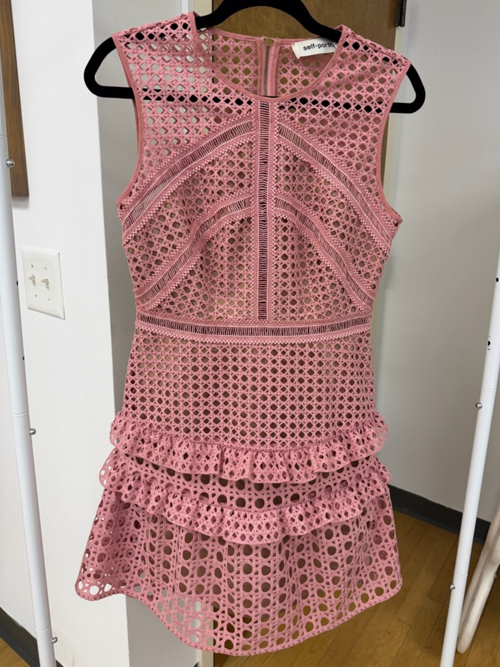 SELF PORTRAIT Cross Hatch Frill Mini Dress in Pink Sz 6 EUC Event Romantic Lux - Picture 7 of 16
